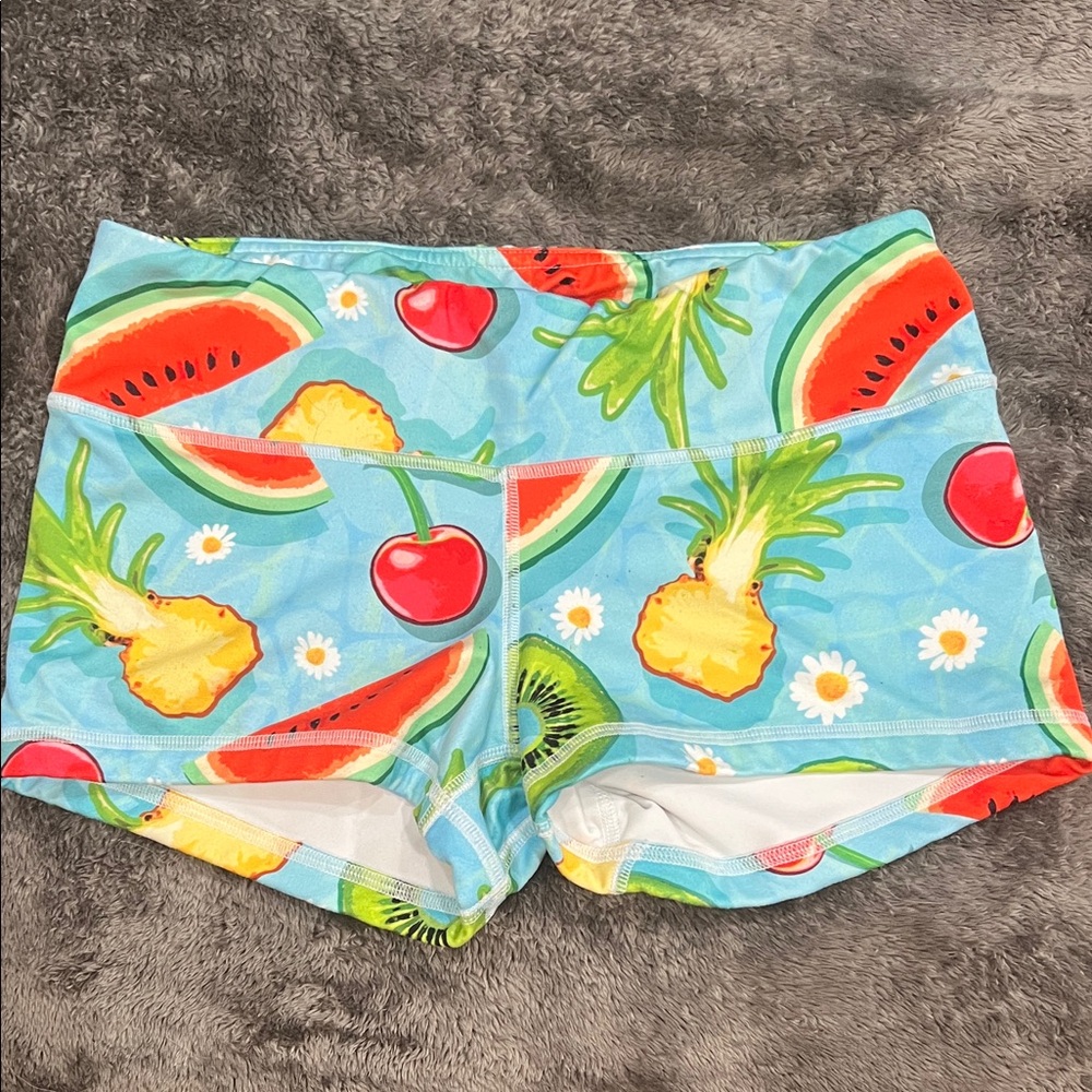 Fleo Women’s workout shorts 2” inseam 
Fruit Print - Blue and Red